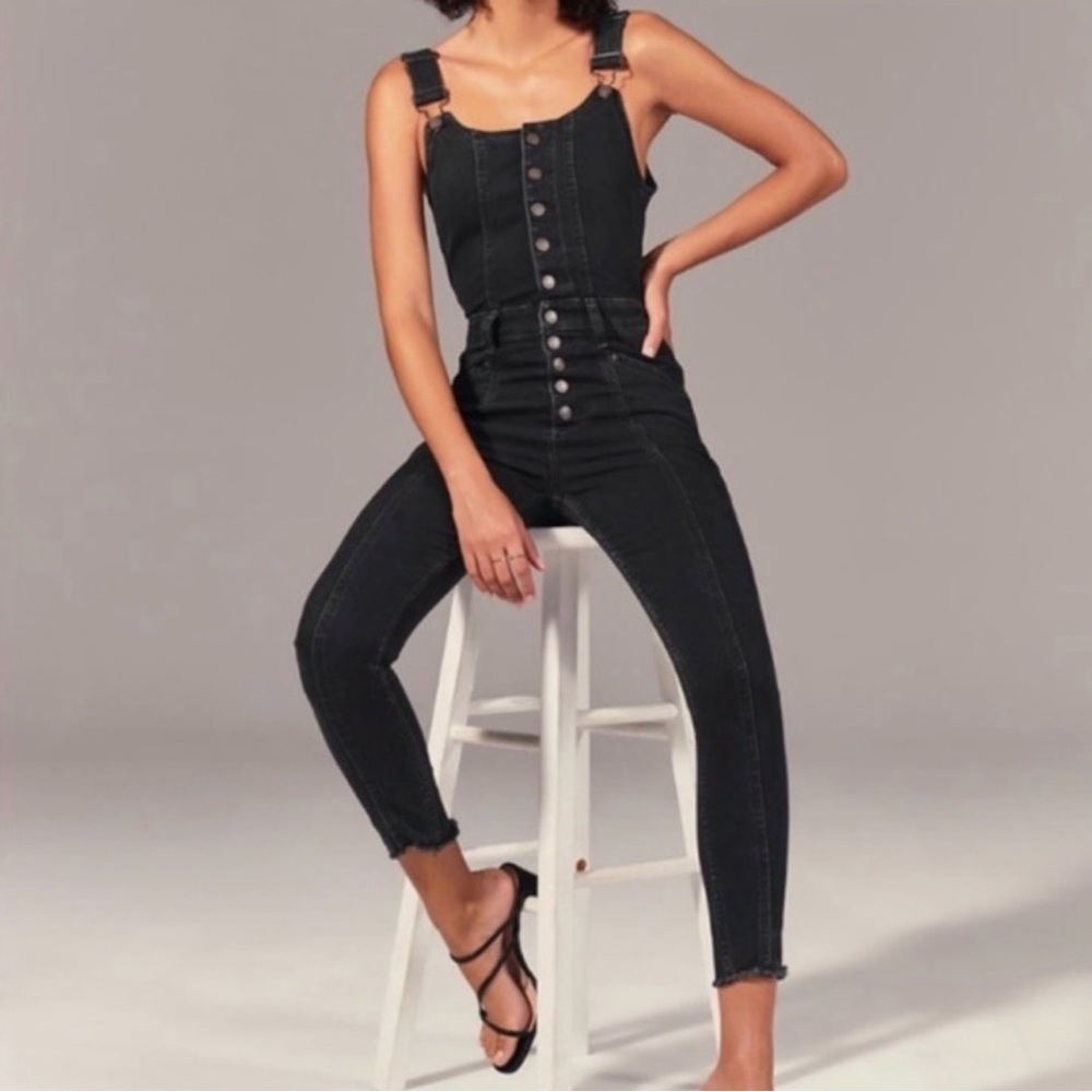 Black Denim Button-Front Jumpsuit Overalls